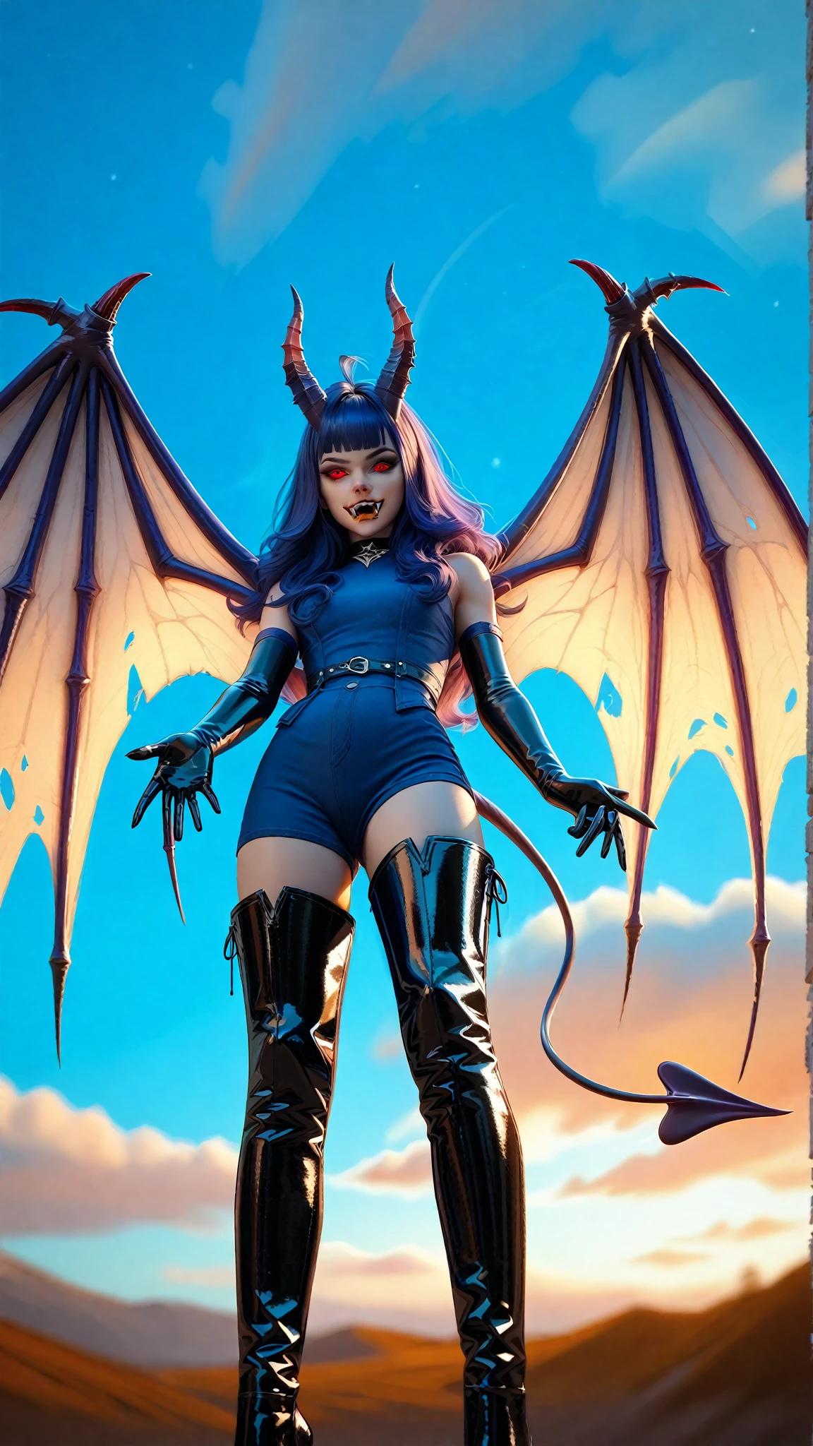 official art, unity 8k wallpaper, ultra detailed, beautiful and aesthetic, beautiful, masterpiece, best quality, 1girl, woman walking to the viewer,horror,demoniac ,sharp teeth,screaming,front view,(looking at viewer), DemonicT,blue skin, black sclera, colored sclera, colored skin,demon wings, yellow eyes, , demon horns, slit pupils,chained,full body,busty,big breast,