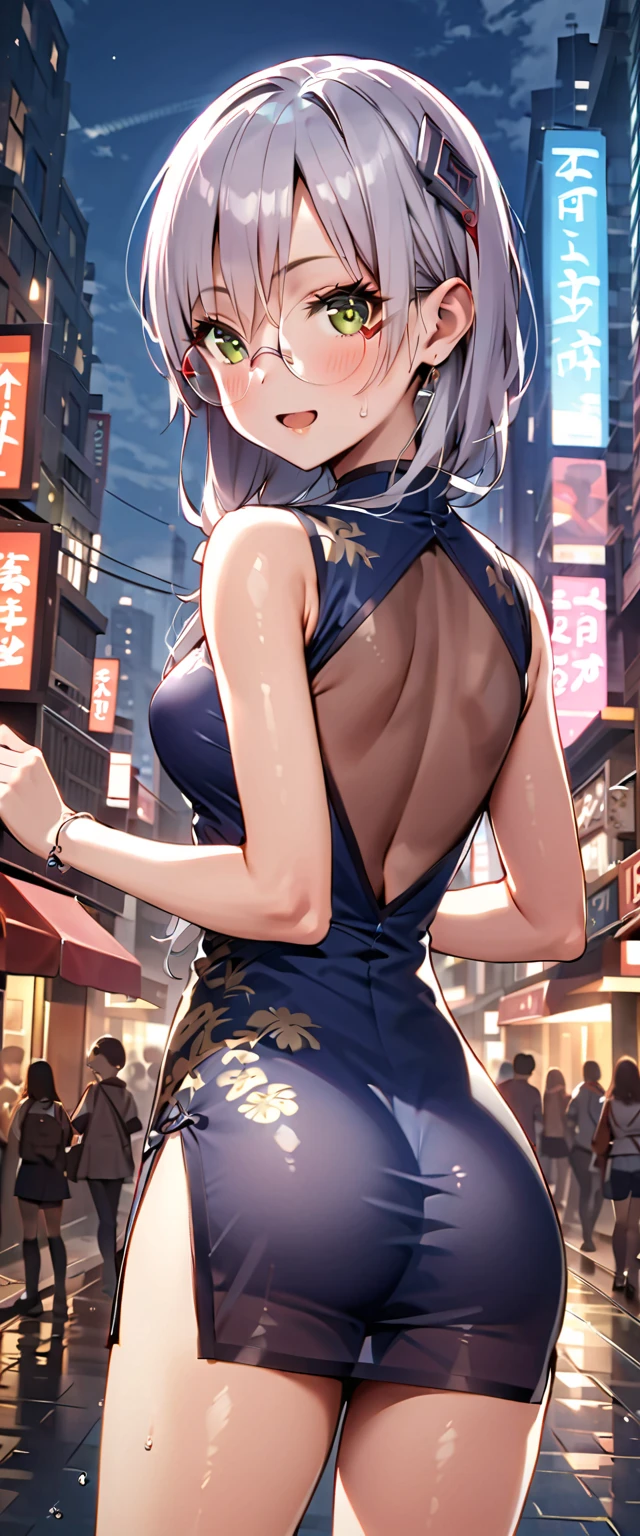 woman,20-year-old,city,(((See-through rubber Chinese dress))),,open mouth smile(()),blush、,((turn around and look back))(wet with water)Reflecting the buttocks,glasses