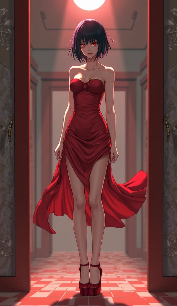 女の子1人,sexy body,perfect body,sexy long dress, sexy red dress, dress come apart at the legs, high heels, pushes chest forward,Breasts peep out, standing ballroom, beautiful big room, red curtains in the distance, arms behind back, sakura haruno, jab style,