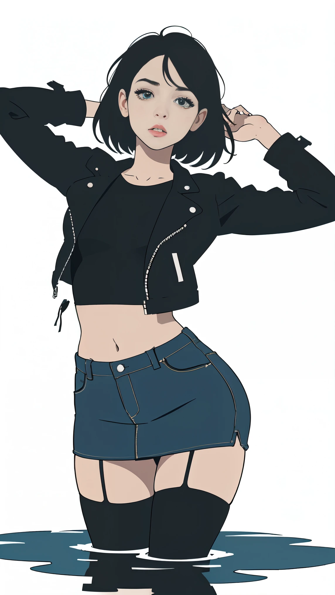 vulnerable girl, simple vector illustration , Exquisite lines, duration, denim skirt , black top, nylon stockings with garters , leather jacket , drowning in a small swamp , artistic composition , lips, white background, desperate posing , objectifying yourself