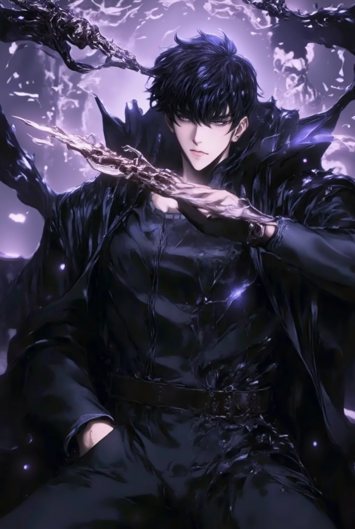 (masterpiece, best quality, ultra-detailed, best 2D anime Style Drawing, First person view), (detailed background,high fantasy), high contrast, hyper detail, dramatic light, intricate details, #Sung Jin-Woo, High Level, short black hair, all black clothes, purple aura surrounding the character, daggers floating around the character, epic pose, throne room background