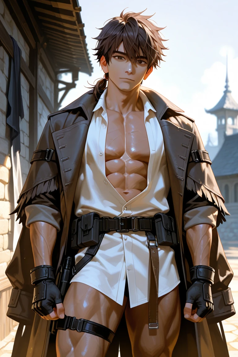 (masterpiece), best quality, expressive eyes, perfect face, young fruity flamboyant man, red hair, brown eyes, tan skin, muscular body, attractive, oversized shirt, flower pants, desert town, glowing skin, realistic character concept art, absurd res, high res, ultrasharp, 8K, masterpiece, HD