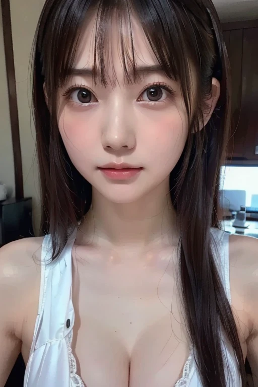 Dressed, (photo Realistic:1.4), (hyper Realistic:1.4), (Realistic:1.3), (Smoother lighting:1.05), (映画の照明Improvement of quality:0.9), 32k, One Girl,12-year-old girl, Realistic lighting, Backlight, Light on the face, Ray Tracing, (Bright light:1.2), (Improvement of quality:1.4), (Highest quality real texture skins:1.4), Detailed drawn eyes, Face drawn in detail, quality eyes, (tired, Sleepy and satisfied:0.0), Face close-up, (Enhances the body line:1.1), (Enhances the beauty of skin texture:1.1)、tits、Small breasts、Flat Chest、Bare Chest、小さく綺麗なピンクのNippleake a kissing face here、Lips pouting, eyes half-open、Open your mouth and stick out your tongue、Stretch your arms out here、Poke out your lips、A face that fills the screen、Nipples、ピンクのNipples、