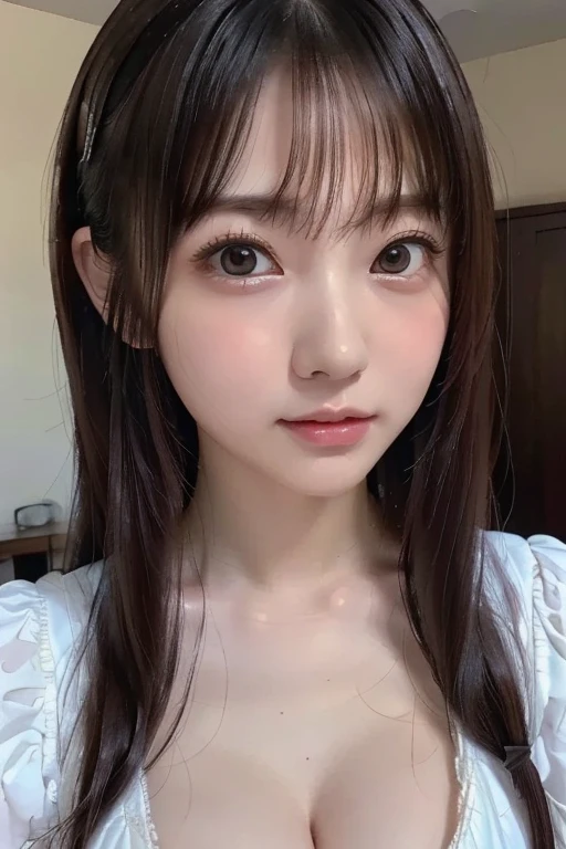 Beautiful and fair、Radiant Skin, 3 Up, Gorgeous, bright, Refreshing and gentle expression, Perfect beautiful face、Beautiful shiny bangs, A very beautiful girl, Eyeliner, Very perfect eyes,Very large breasts,Grooves reveal original skin,Muscular body,Huge light brown tight lace underwear,Upper Body