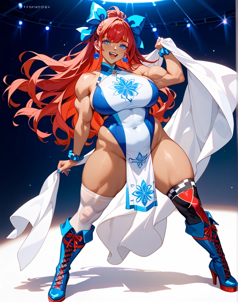 (masterpiece:1.2), (highest quality:1.2), 1gir, solo, breasts, red-hair, blue-eyes, dark-skinned-female, ((dark-skin)), huge-breasts, muscular-femal, smile, ((simple-background)), thighs, very-long-hair, full-body, looking-at-viewer, fur-trim, high-heels, boots, over-shoulder, standing, belt, weapon-over-shoulder, hair-ornament, ahoge