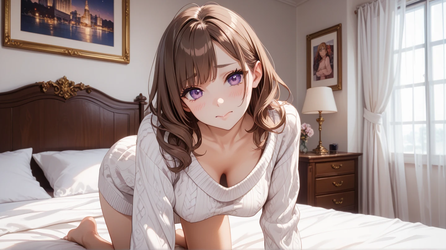 2 Womans holding each other, (((sweat))), /(Oversized sweater/) V-neck, Mature Woman, /(Brown Hair/) bangs, A gentle blushing smile, (Masterpiece of the highest quality:1.2) Delicate illustrations, super detailed, (((sagging massive breasts))), pantyhose ripping, On all fours /(Modern house living room/) indoor