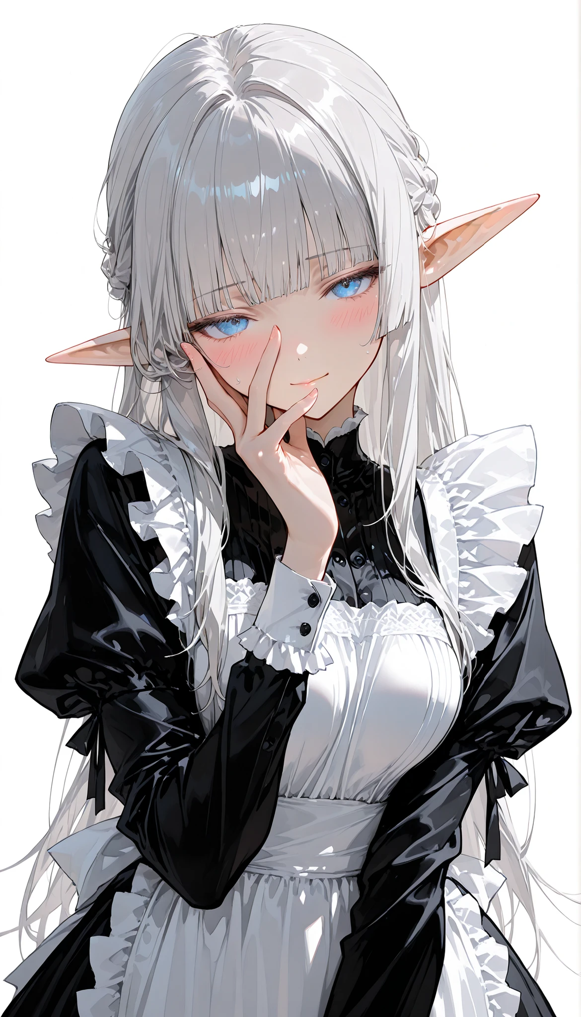 top quality, masterpiece, ultra-precise, ((top quality, masterpiece:1.3)), (sharp focus:1.2), (A beautiful, mature elf woman with a perfect body, seductive, 30-years), (blue eyes), (선명한 눈매), (hime cut, long hair, silver hair), (Victorian maid's uniform), (고풍스러운 가정 집의 침실, 침대에 걸터앉아있다. 실내), blush, (medium breasts), touched face, overing face.