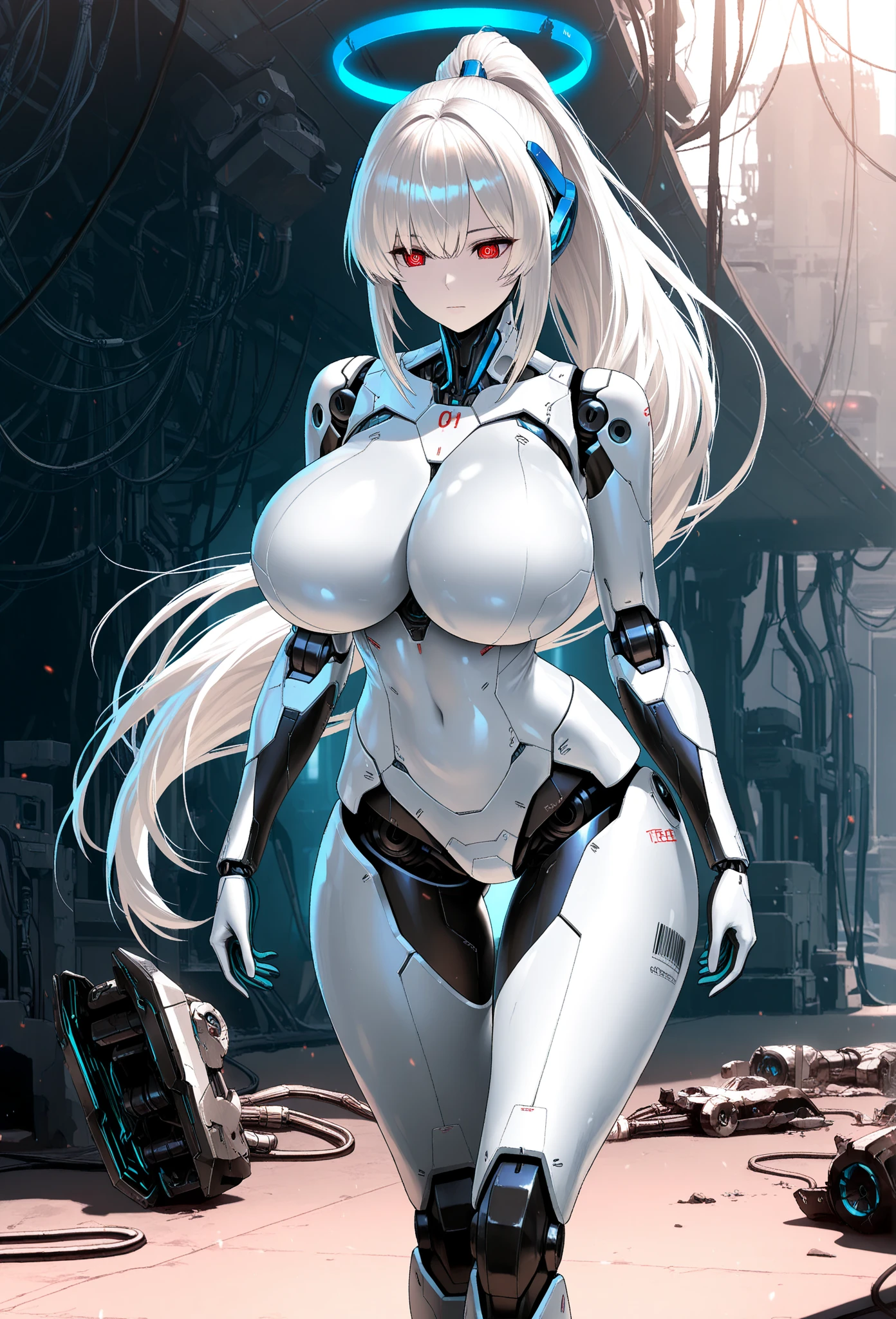 (8K, Best Quality, Illustration, ultra-detailliert, hight resolution:1.3), (masutepiece: 1.25), ((1 girl)), Full body, (large full breasts), Silver hair, Red Eyes, Ponytail, Exposed cleavage, showing stomach, (sexy black/white cybernetic lingerie exosuit:1.4), Clear facial features,