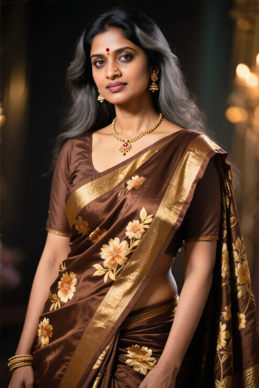 ((indian)), large breast, big butt, thick legs, full body view, hairy pubic hair, best quality, masterpiece, high resolution, 1 woman , beautiful face, close your mouth, ((wearing sari, wearing saree)), hair accessories, long hair, earrings, beautiful face, on the body, tindal effect, realism, dark studio, edge lighting, two tone lighting, (high detail skin:1.2), 8k uhd, dslr, soft light, high quality, volumetric lighting, photo, high resolution 4k, 8k, blurred background
