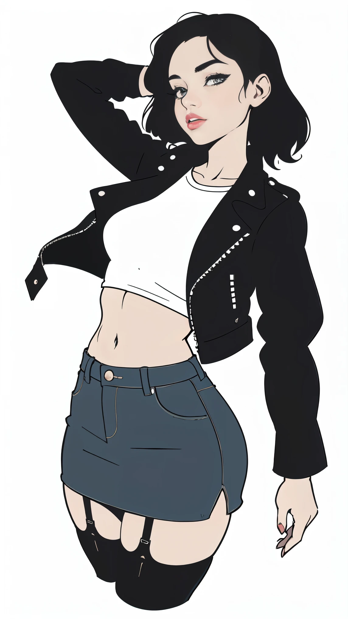 vulnerable prostitute girl, simple vector illustration , Exquisite lines, duration, denim skirt , black top, nylon stockings with garters , leather jacket , drowning in a small swamp , artistic composition , lips, white background, desperate posing , objectifying yourself