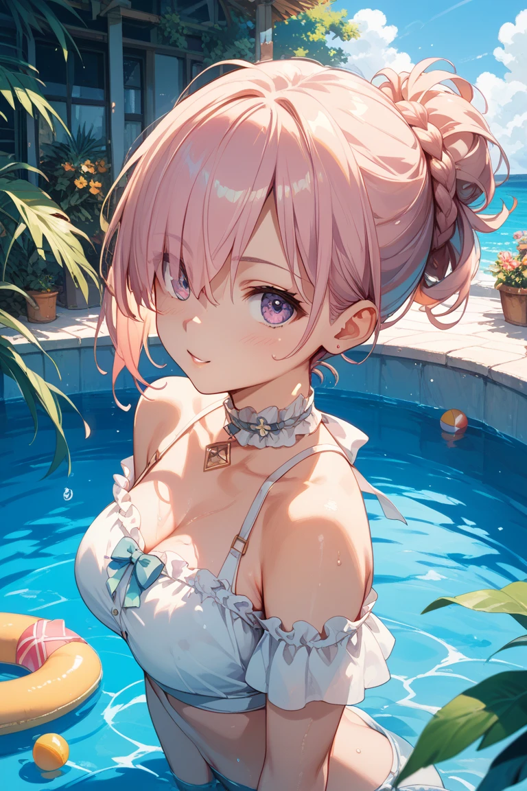 (Masterpiece, BestQuality:1.3), (ultra detailed:1.2), (hyperrealistic:1.3), (RAW photo:1.2), High detail RAW color photo, professional photograph, (Photorealistic:1.4), (realistic:1.4), (Pink Hair:1.5), professional lighting, perfect anatomy, (Big Breasts:1.2), (blush, detailed face), (A happy smile:1.7), sexly, erotic sexly, Random sexy gravure poses, (Sexy beauty in a baby pink bikini、Relaxed look while drinking fruit juice by the pool、Gold Bracelet、Lying on a pool chair。:1.3)