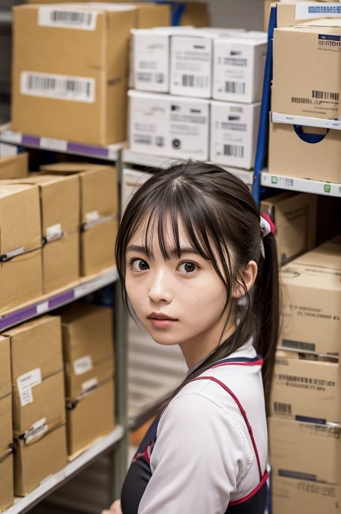 1 girl, Sitting on a chair in the packaging room、alone, Japanese High School Girls, 18-year-old, (highest quality, Realistic, High resolution, 8k, Very detailed, Detailed face, Shiny skin), Japanese , Collared shirt, White shirt, Ribbon tie, Black Hair, ragged bangs, ponytail,