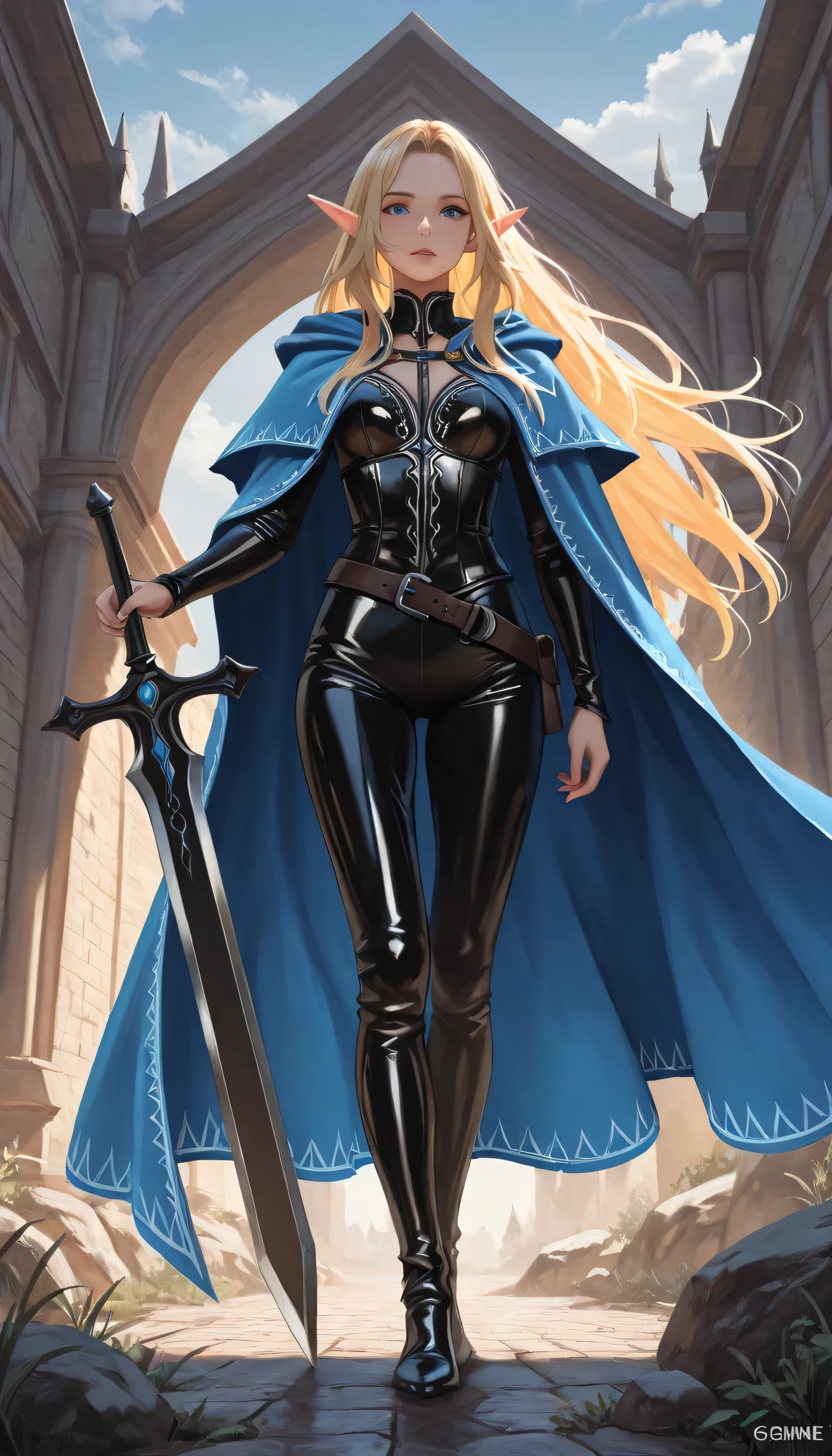 a black and white 1940s snapshot picture of a female elf, fantasy swashbuckler, fantasy fencer, armed with a slim sword, metallic shine, colorful clothes, full body, epic beautiful female elf, blond hair, long hair, billowing hair, small pointed ears, wearing  cloak, long cloak, (blue cloak: 1.3) wearing elven leather shirt, sense of daring, sense of adventure fantasy street, high details, best quality, 16k, [ultra detailed], masterpiece, best quality, (extremely detailed), dynamic angle, ultra wide shot, photorealistic, RAW, fantasy art, realistic art,((best quality)), ((masterpiece)), (detailed), perfect face, fantasy,  fantasy, niji, gothic, erotic, anime, ggmine, Dark Novel