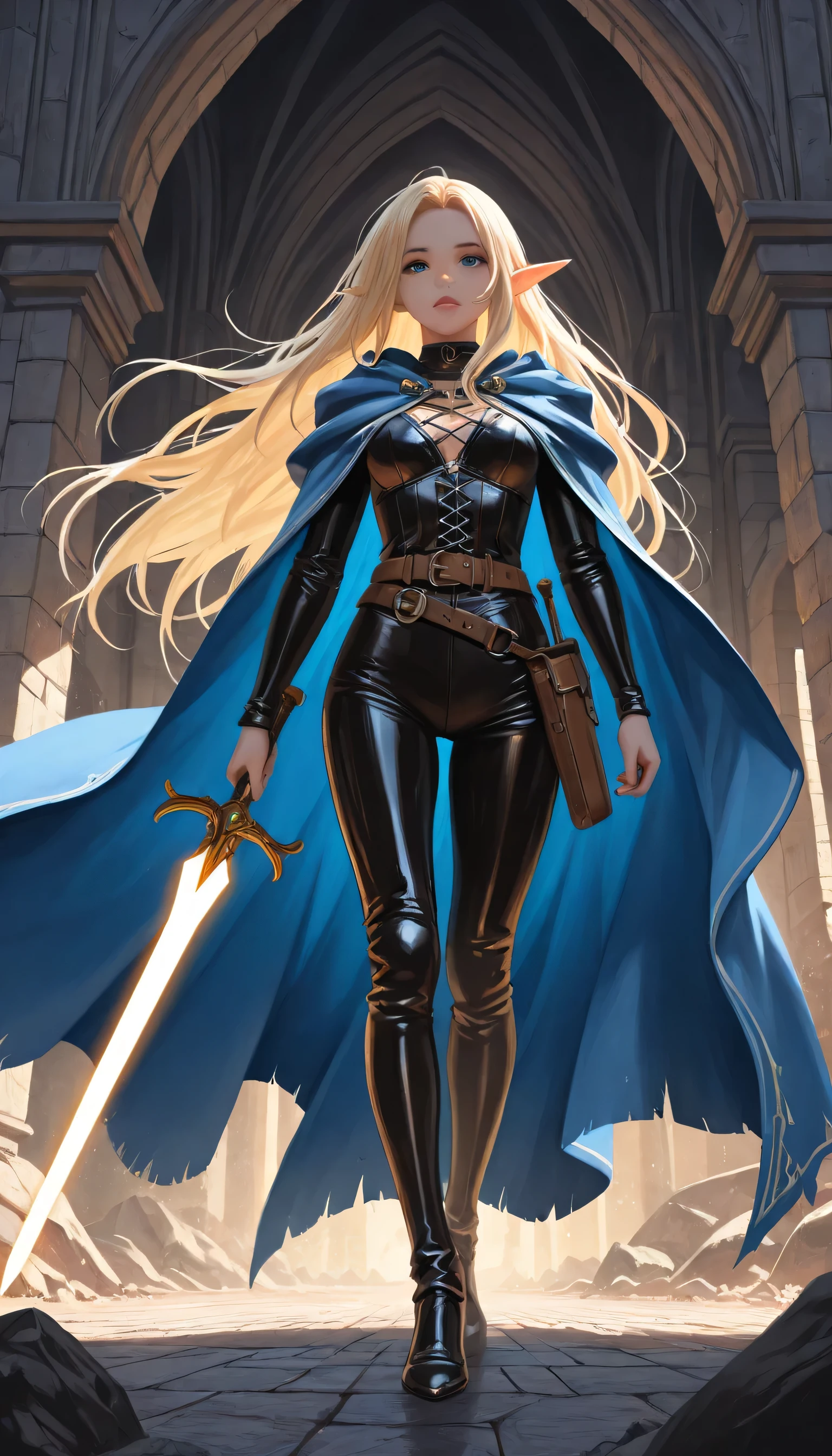 a black and white 1940s snapshot picture of a female elf, fantasy swashbuckler, fantasy fencer, armed with a slim sword, metallic shine, colorful clothes, full body, epic beautiful female elf, blond hair, long hair, billowing hair, small pointed ears, wearing  cloak, long cloak, (blue cloak: 1.3) wearing elven leather shirt, sense of daring, sense of adventure fantasy street, high details, best quality, 16k, [ultra detailed], masterpiece, best quality, (extremely detailed), dynamic angle, ultra wide shot, photorealistic, RAW, fantasy art, realistic art,((best quality)), ((masterpiece)), (detailed), perfect face, fantasy,  fantasy, niji, gothic, erotic, anime, ggmine, Dark Novel