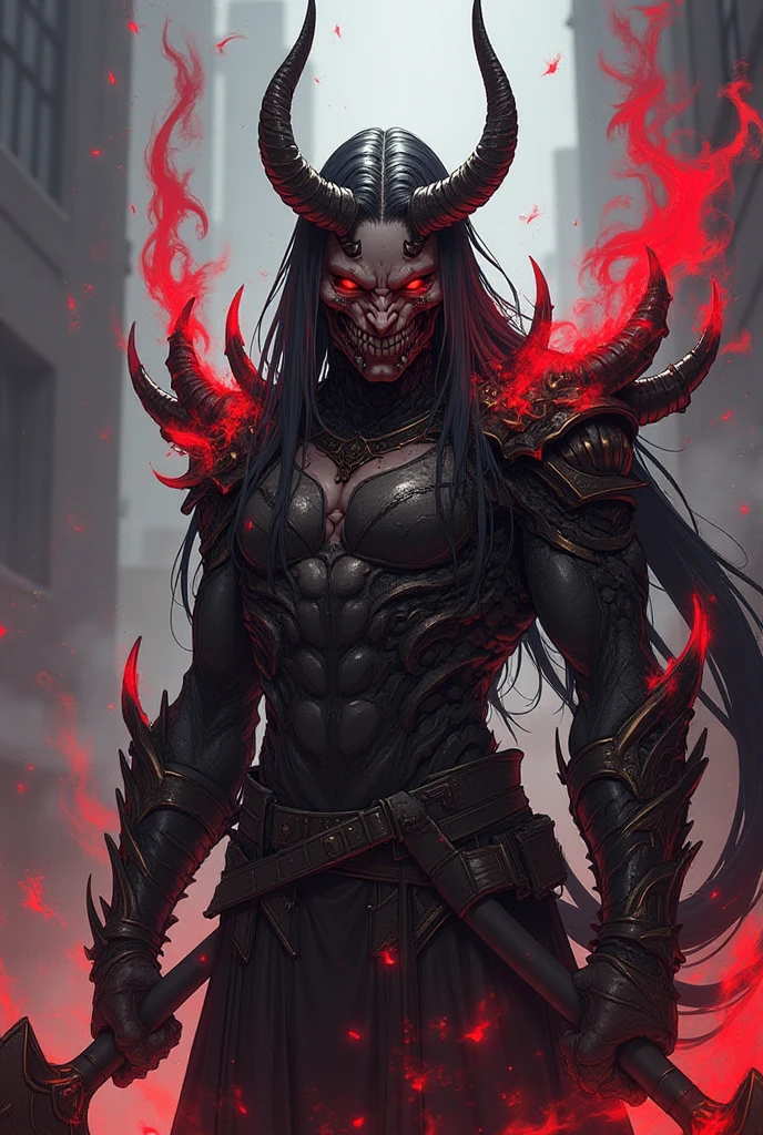 (extremely detailed CG unity 8k wallpaper, best quality),(emphasize the edginess, dark atmosphere),Joey Jordison mask, metal-inspired, black background, (devilish flames:1.2), red eyes, (crimson+black makeup, devil horns), intense expression, (vibrant smoke:0.8+shadowy mist:1.2), dramatic lighting, cinematic shot.