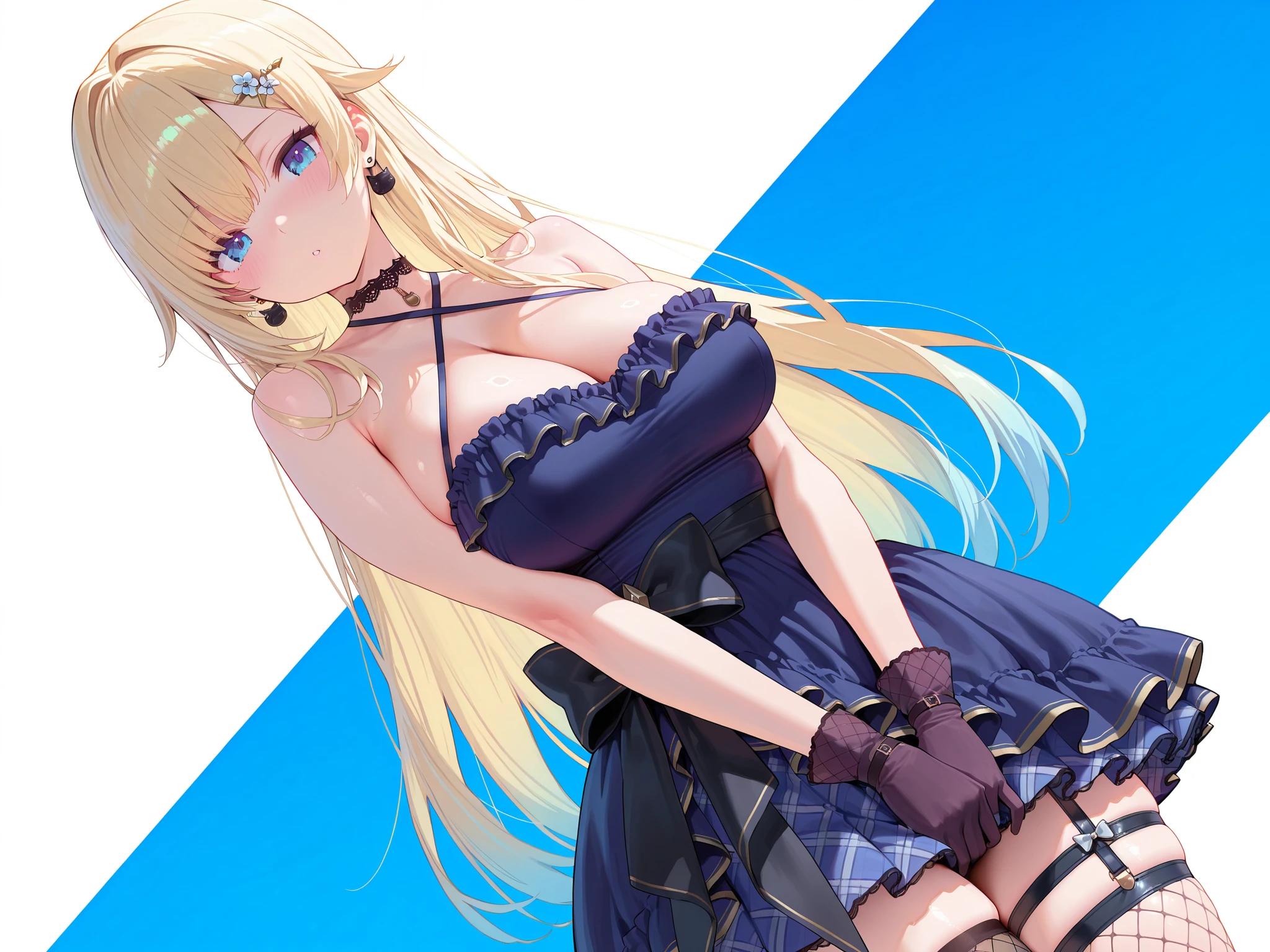 masterpiece,best quality, amazing quality, highres, absurdres, very aesthetic, high resolution, ultra detailed, perfect details,EmaDefault, long hair, hair ornament, cat earrings, choker, strapless layered dress, criss-cross halter,waist bow, gloves, single fishnet thighhigh, thigh strap,large breasts