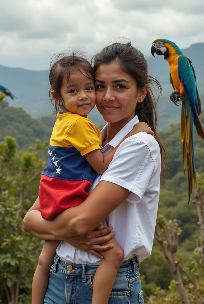 a beautiful Brazilian woman with indigenous Brazilian physical characteristics, at the forest, with your baby boy
