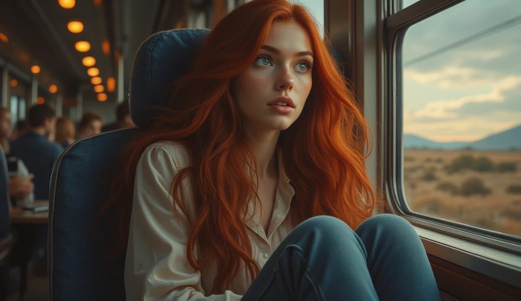 Beautiful red-haired girl with long wavy red hair riding the train, multiple people, artificial lighting,