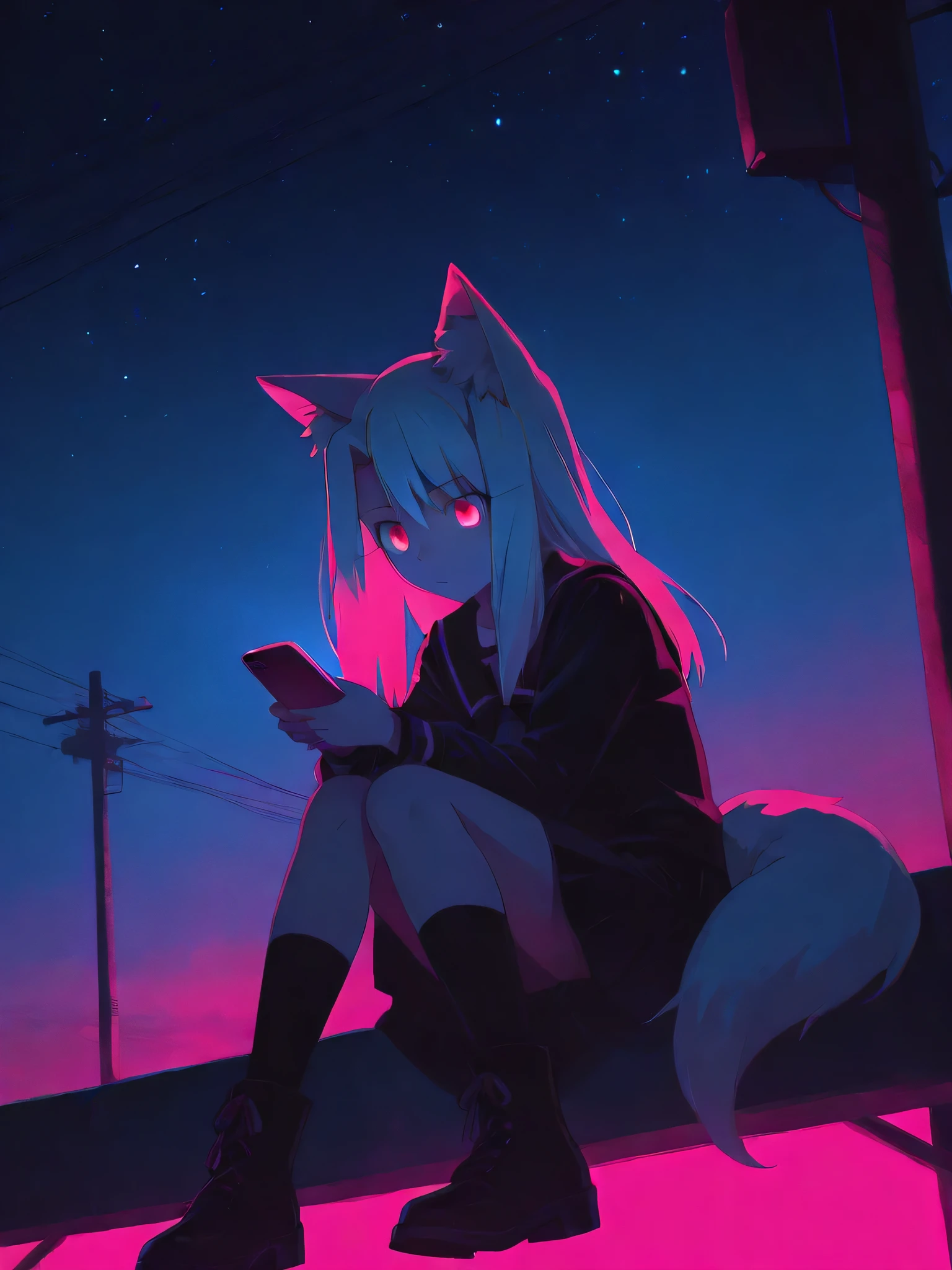 1girl, animal ear fluff, animal ears, black footwear, white hair, black sailor collar, black serafuku, black shirt, black skirt, black socks, boots, fox ears, fox girl, fox tail, cellphone, closed mouth, full body, glowing, glowing eyes, holding, holding phone, long hair, long sleeves, looking at viewer, night, night sky, outdoors, phone, pleated skirt, power lines, red eyes, sailor collar, school uniform, serafuku, shirt, shoes, sitting, skirt, sky, smartphone, socks, solo, star \(sky\), tail, utility pole, lelst0_illu, bloom, high contrast, colorful, cinematic lighting, tone mapping, high saturation, color grading, bloom, masterpiece, best quality, long hair, (glow), (pink theme:1.3), red eyes, fox ears, fox tail, glowing, dark background, dark atmosphere, illyasviel von einzbern, watercolor, pastel, blue sky, night sky, bfight sky, starry sky, bottom view,