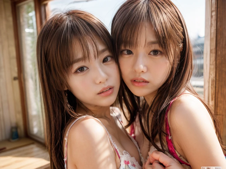 (8k、RAW photo、highest quality、masterpiece:1.2)、(realistic、Photoreal:1.37)、Super detailed、ultra high resolution、Identical twin sisters passionately French kiss、see the beholder、beautiful and detailed face、laughter、narrow、(slim waist) :1.3)、Tank top、beautiful and smooth skin、skin texture、floating hair、professional lighting、