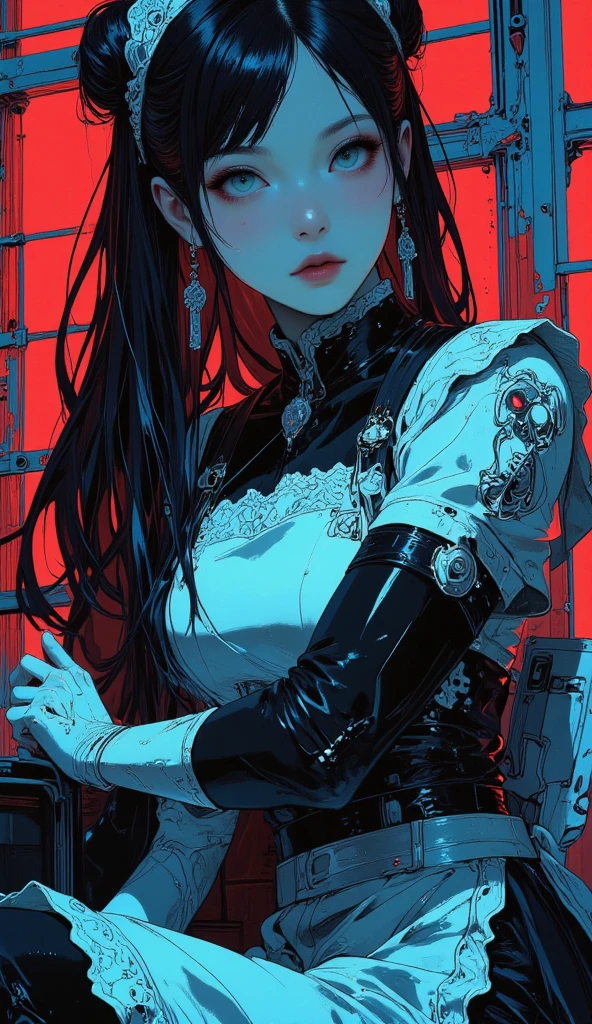 ((masterpiece, best quality)), (1girl), (solo), (female focus), yoru\(chainsaw man\),(very detailed face, real image, realistic white skin, realistic body, intricate details), upper body, focus on face, black hair, long hair, intimidating look, casual clothes.