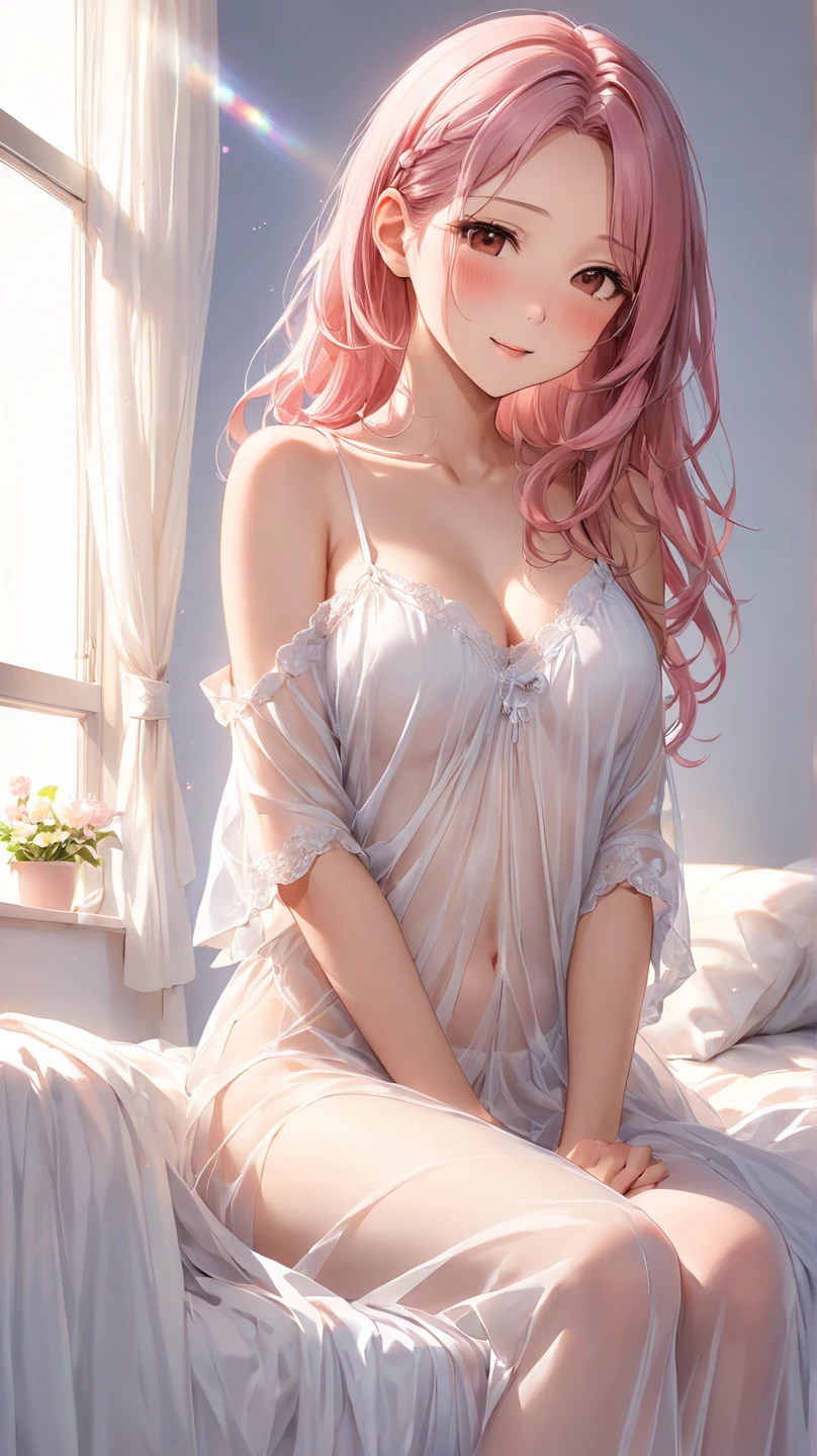Best Quality,High resolution,8k,finelity detailed background,Masterpiece:1.2),beautiful girl,Shiny pink hair,crossed bangs,Beautiful pink eyes,Gentle look,A refreshing look,Smiling Kindly,Best quality,Best Quality,Aesthetic and aesthetic:1.2,Best details((Super detailed))(High-definition CG illustrations),Grey underwear, (dark gray,intricate lace),Slender body,night,moon,Bedroom,On the bed,smile,blush,cute,Scrounge,Looking up,Being spoiled,super model,wariza,shoot from,below