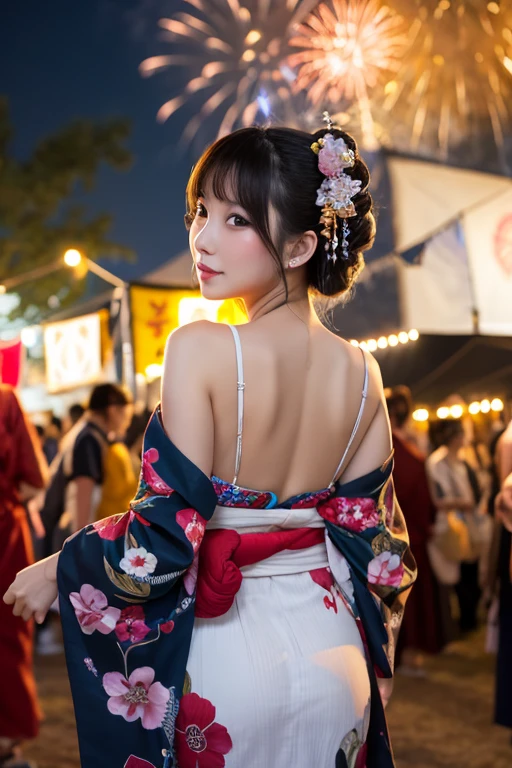 ((facing back:1.5))、(high-level image quality、hightquality、hight resolution、detaileds、masterpiece)、(There are mature and beautiful women)、I'm 43 years old、(Looking at the camera:1.2)、ssmile、(A pure Japanese hairstyle with a beautiful hairpin)、(Light brown hair)、(being thin:1.2)、(Small:1.2)、(Bra and thong with large kimono-style decorations:1.2)、She wears a collar, bangles, and a kimono-style garter belt.、(holding a golden dragon in both hands)、The pose is so cute and nice、(Visiting a shrine for the first time in a crowd of people:1.2)