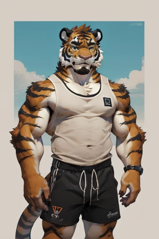 deobaed anatomy, Humanity,((White orange tiger| white and orange | blue eyes)),(Clothes are soaked),(The white belly that is faintly visible under the clothes),(close-up),((cowboy shot)),(motion blur),(from below),heavy breathing,parted lips,full-face blush.Perfect Red eyes,(glaring),(play soccer),The action is exaggerated,young,male,no muscles,Lean,Lovely,topless,(Super detailed),Sharp focus,light smile,tailed eyes,tiger Tail ,best qua,lity,by bebebebebe, by zackary911,stand in the water,blue underwear,put one left hand on head,