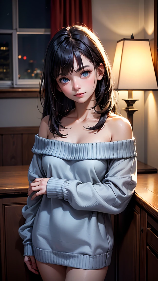 Obra de arte, melhor qualidade, high resolution, ultra detalhado, leve sorriso, uma mulher com longos cabelos escuros e franja, Olhos azuis claros, A beautiful girl looking at the camera, vista frontal, ((light red sweater with wide shoulders,)) pernas nuas, noite, sala interior quente, image illuminated by a small lamp, profundidade de campo, (meio corpo: 0.6),