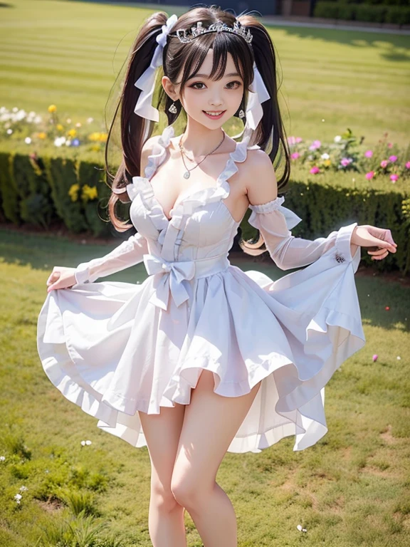 High resolution,4k,HDR,1 Girl, photoPractical, Practical,sweaty skin, Thin face,yangmi,Heavy makeup, permanent,(((whole body))), Extra large breasts,earrings , Miniskirt Black White Thong Hands on the Ground ,Open your legs up to reveal the pearl in the middle,Depth of Field,panoramic