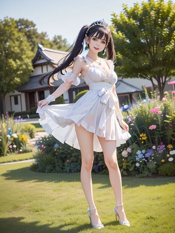 high quality、detailed、masterpiece、最high quality、8K、Japanese、beautiful girl、11 years old、Belly button、Thigh out、Sparkly eyes、Clear Eyes、Soft and rounded contours、detailedな顎のライン、Flat Chest、Swinging sword down、A magic circle for skill activation is deployed in front of him.、Painted from head to toe、Long hair flowing、A white and green sleeveless dress with multiple frills、Head tilted gracefully to one side、Hold the edge of the dress and lift it up、I draw a beautiful Japanese girl imitating a medieval knight standing on a grassland with a sword。The knight is wearing shining magical armor、He has removed his helmet and is holding it under his arm。The armor is a magical bikini armor made of mithril.、Fits the girl's body type、少女独特のFlat Chestの姿を醸し出しています。In the background is a castle and blue sky.。Pay attention to the contrast of light and shadow、Create a realistic texture。