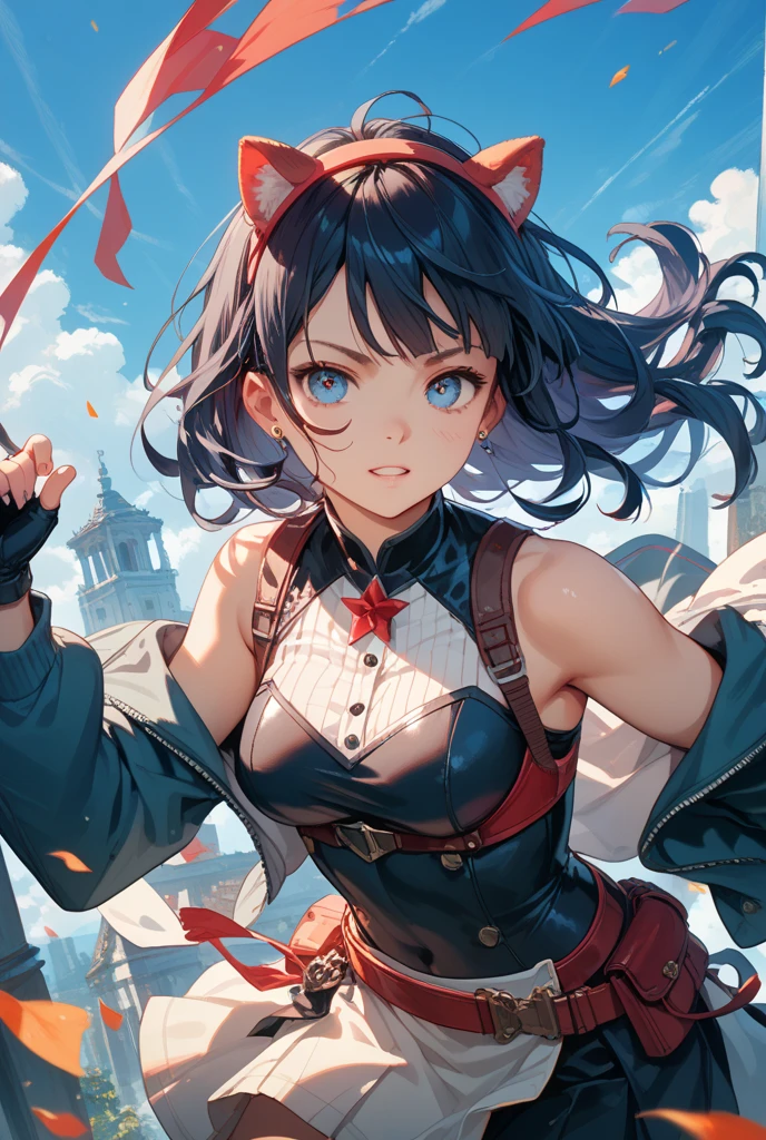 best qualtiy，tmasterpiece，1girll，Black hair， Blue eyes ，ssmile，on cheongsam，It has Jiangnan water town elements，Fair complexion，medium boob，full bodyesbian，cat ear，teardrop，Blushlush，tiny mouth，Bangs flutter in the wind，Purifies skin ，Two-dimensional style --auto