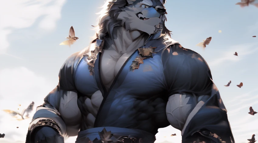 solo,anthro,furry,furry male, White Tiger, ((fluffy fur,fluffy,furry body)),Full Body, Very Muscular, Bara, Big, Buff, Very Big, Very Tall, Giant Sized, Short Messy Hair, Blue eyes,((bright blue eyes)) Blue Stripes, String Necklace, Blue Pendant, Cosmic Energy Aura, Wrist guards, Ankle Guards, Smirking Expression, Looking at viewer, Standing pose, Wearing Shorts, Outdoors, Japanese Temple, Oriental Trees, Detailed clothes, Tight Shorts, shorts bulge, Detailed face, (masterpiece, high quality,hi-res,8k had), High Resolution, High Detail,