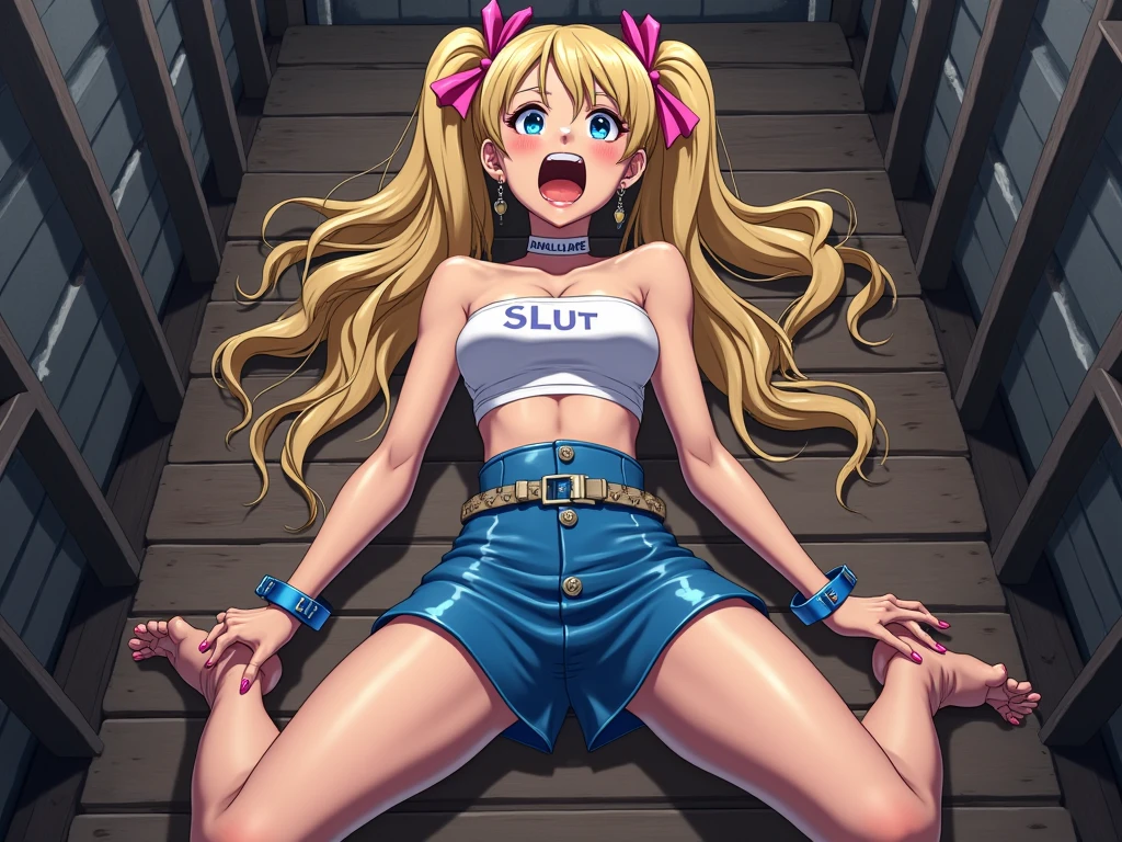 piperBS, 1girl, blonde hair, hair bun, blue dress, puffy sleeves, short sleeves, pink gloves, fingerless gloves, pink belt, shoes, blue footwear, cute and blushing 18 years old anime girl, look away because she is embarrassed and blushes, bright blue eyes, detailed face, detailed members, detailed arms, detailed hands, Girl lying, tied by ropes, shackled, can no longer move, tied tightly, very hard tied up with lots of ropes, hampered by so many ropes that she can no longer move, bound hands and feet, ropes tie his whole body, tied extremely tightly and forcefully to her bed by a lot of ropes, its limbs are strongly tied together by ropes, his torso is tied up with thick cords, her chest is so tied up with ropes that it sticks out, her legs are tied tightly with thick ropes, his hands are tied behind his back with ropes, she can no longer move her feet, her hands which are tied by thick ropes, she desperately tries to free herself, likes to be tied tight with big ropes, likes to be immobilized by big ropes, lying down, his hands and feet are strongly tied to the railing of his bed, his legs are pressed together and tied with ropes, its limbs are held vigorously by imposing ropes, her hands are tied securely behind her back by ropes, her chest is compressed by strong ropes, she is pressed against her bed and restrained by large ropes, (shibari, arms behind the back:1.4), (hands on the back), (masterpiece, best quality) 1.5, 1girl, solo, (sexy, beautiful woman, perfect face, perfect eyes, perfect hands), samus aran, (hands on the back), Spread the legs, s' ((lie in bed by big ropes)), ((close up of the girl)), ((((lie in bed)))), ((((arms tied behind the back, Legs Tied,La fille est allongée sur le ventre, La fille est allongée sur le sol:1.5)))), ((((girl seen from behind:1.4)))), ((((girl lying down on her stomach:1.4)))), ((((Outstretched arms:1.5)))), ((((Detailed hands:1.5))))