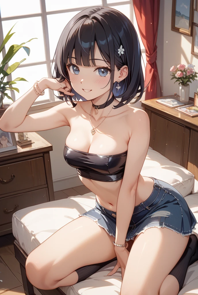 woman, 26 years old, short hair, proportional hands, Yelan anime eyes, perfect body, sensual cleavage, medium breasts, red sleeveless blouse, wearing black micro shorts, sexy shorts, vinyl shorts, Ultra HD, 4k image, image of best quality, (fidelity: 1.4), photoreal, light green eyes, eyelashes, beautiful pupil, shadows, slight blush, delicate facial features, reasonable facial features, exposed waist, natural poses, small breasts, 1 girl, standing