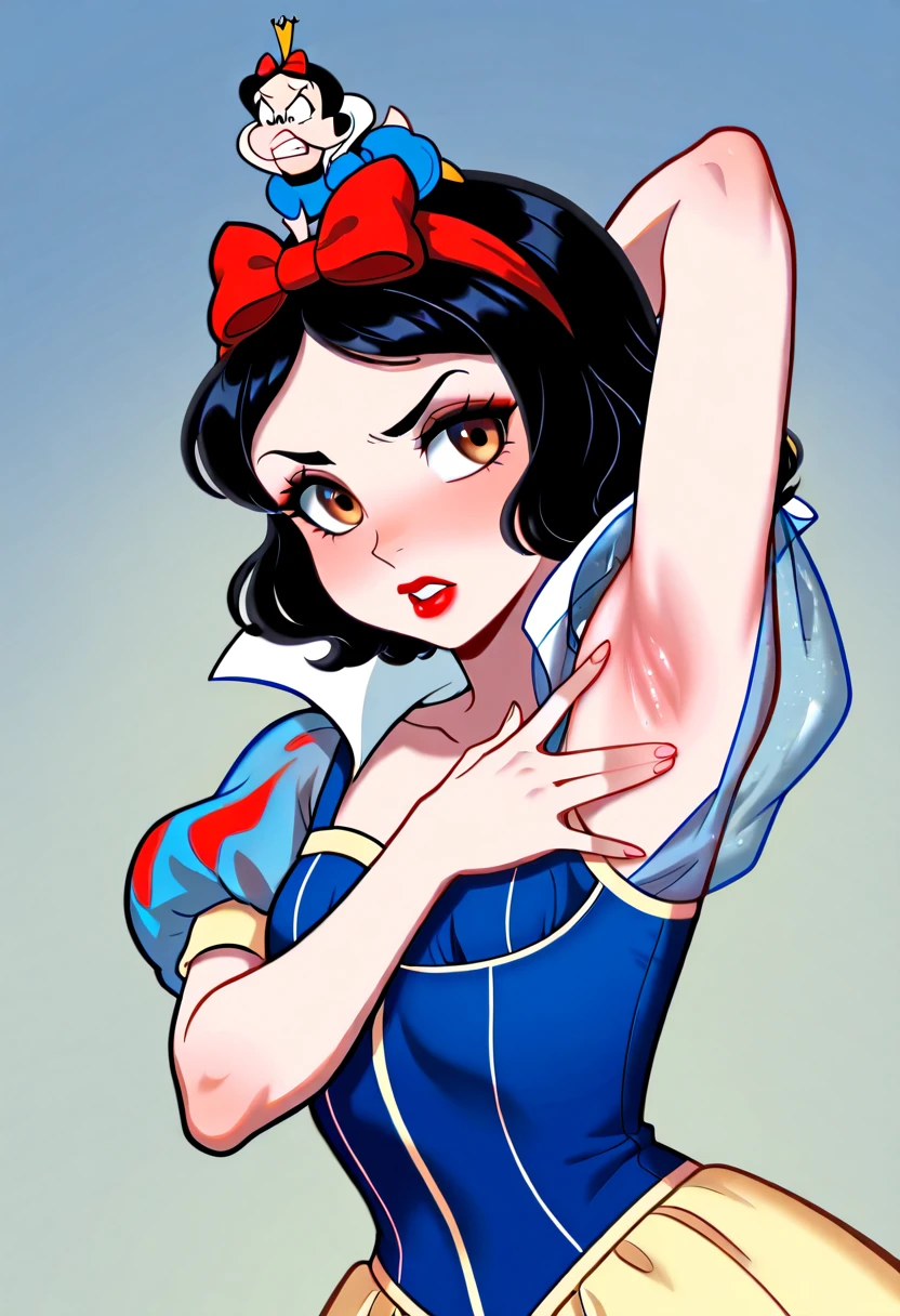 One girl, alone, snow white, short hair, Black Hair, Smooth Hair, Brown eyes, lipstick, red lipstick, Pale skin, hair 弓, hair band, Cowboy Shot, Gradient Background,masterpiece, expensive quality, very_expensive_solve, big_file size, full color,(completely nude:1.2),pussy,niplles,( kid),