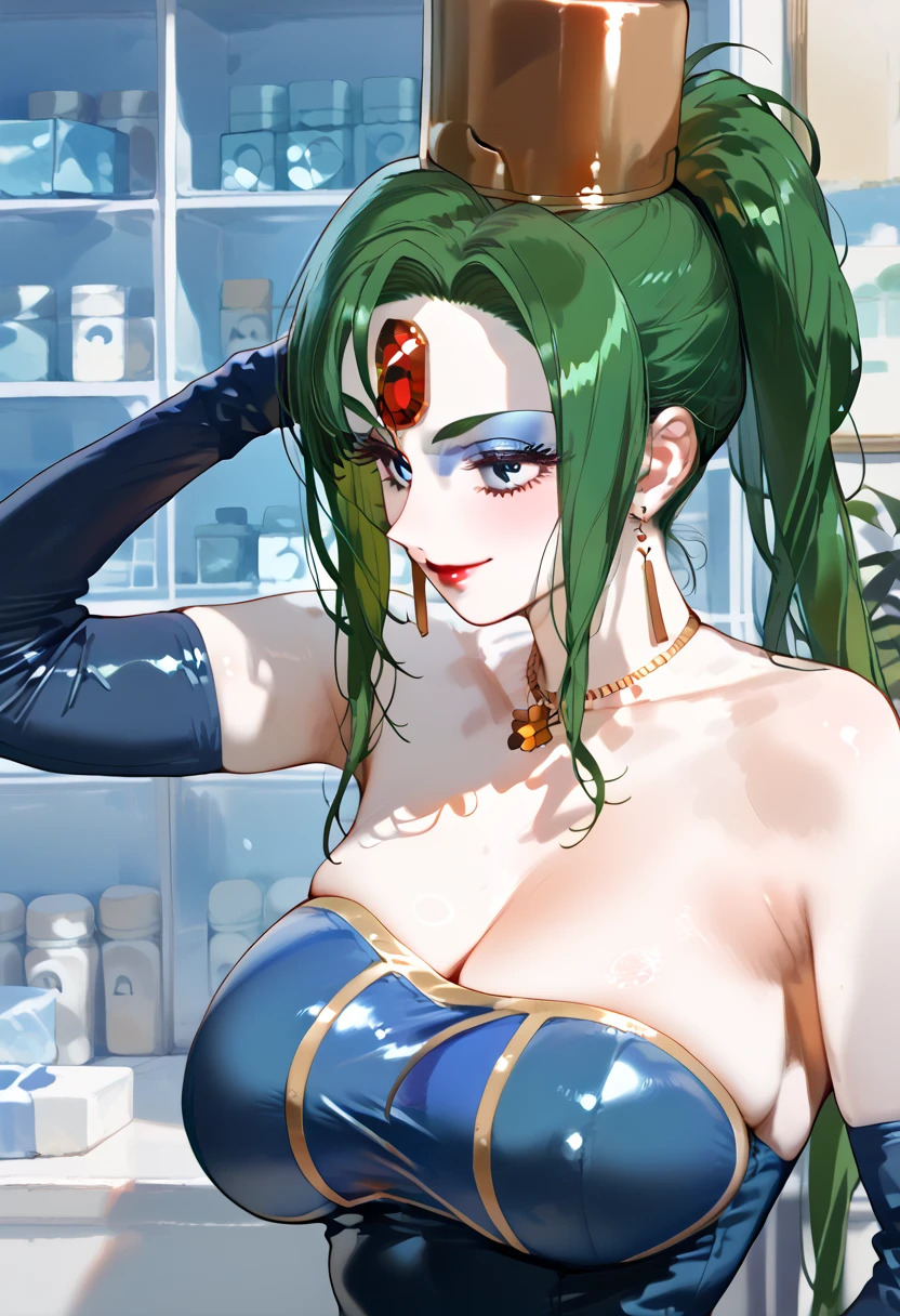 (masterpiece,best quality,ultra-delicate,Perfect Face,16k,high resolution,very beautiful woman), Atsugessho:1.3, upper body shot,deep green hair,blue latex bodycon dress, long latex gloves, green tights, (huge breasts), gold headpiece, pale blue skin, red gem on forehead, pink mist, ((cosmetics counter)), holding large red ball on rope, necklace, smirk, (extremely glossy)