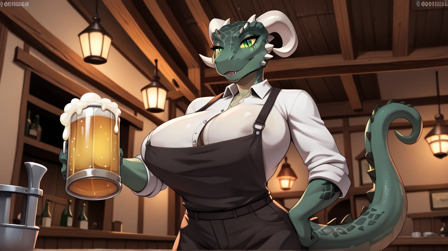 Tall, massive, gigantic, deathclaw, mature, matriarch, bare midriff, large horns, smirking, big breasts, large areolae, no bra, muscular, chunky, thick, heavyset, brawny arms, wide waist, thick torso, wide torso, thicc, holding a beer bottle, four fingers, female, dark_beige_scaled_body, spotted_scales, yellow_eyes, solo, Masterpiece, best_quality, absurdres, highly_detailed, cleanly_drawn_eyes, anthro_only, by_claweddrip, by_runawaystride, (by darkgem:1.3), torn jeans, highly detailed crotch, powerful thighs, ripped tank top, fingerless gloves, thick claws, fallout setting, bar room, gideon, jollyjack, leaning on bar, heavy,