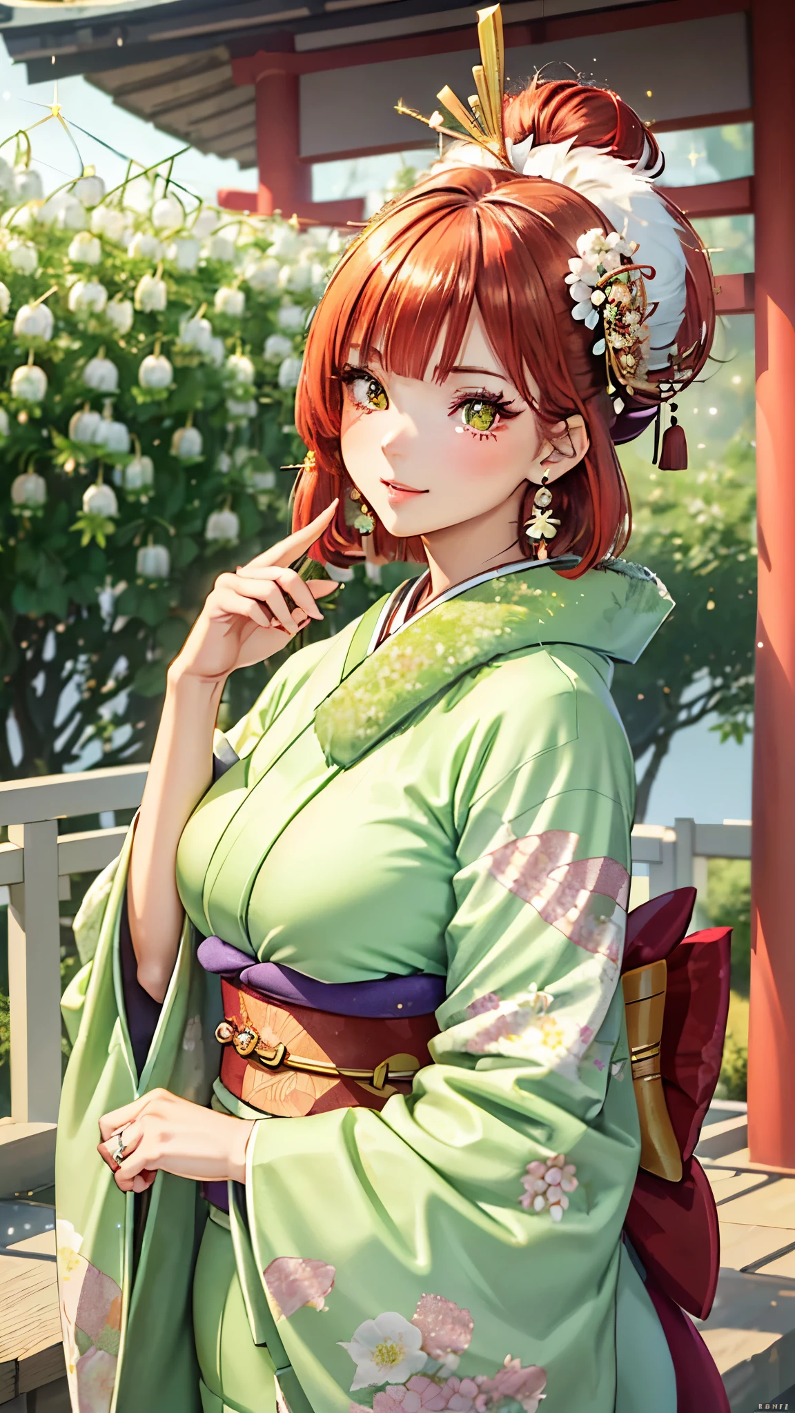 masterpiece, ultra fine, Ultra HD, The most beautiful woman of all time , anime, slender body, (big breasts), tall, small face, balanced proportions, (shiny hair, red hair:1.2)、(bob hair:1.3)、(Cross Bangs )、(Beautiful and shining eyes)、(Clear golden eyes)、(((Sparkling Highlights:1.3)))、long eyelashes pink lips, beautiful, accurate and delicate handmade finger work, God's Smile , (((Japanese kimono / Light green furry sleeve))), (((Gorgeous floral kimono ))), (lily of the valley accessories:1.2), ((hairpin)), (small earrings, ring), upper body, beautiful behavior like a fashion model, Japanese shrine, torii gate