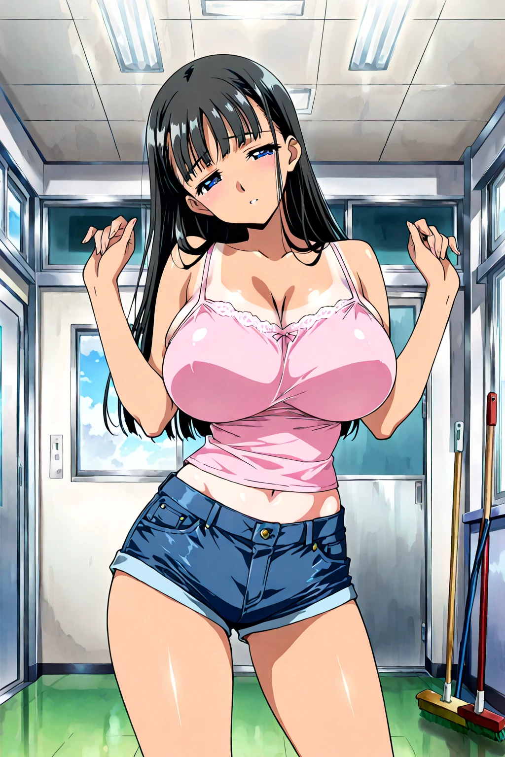 Big ，Large Breasts, [特写Cleavage]]]]Huge long saggy breasts, Cleavage, The chest is more exposed，Thighs are thicker、Off-shoulder，knee socks，Pleated Skirt，sports shoes，hoodie，stand up