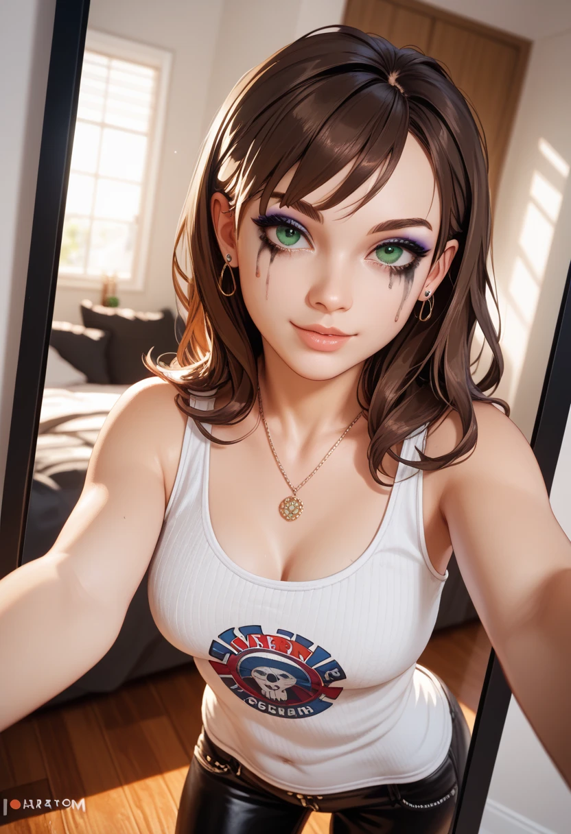 a sexy woman on her knees on a bed, smiling, wearing a t-shirt that clearly reads "diarrhea machine", beautiful detailed eyes, beautiful detailed lips, extremely detailed eyes and face, long eyelashes, photorealistic, 8k, hyperrealistic, highly detailed, realistic lighting, dramatic lighting, cinematic lighting, chiaroscuro lighting, soft warm lighting, vivid colors, intricate details, dynamic composition, masterpiece, digital painting