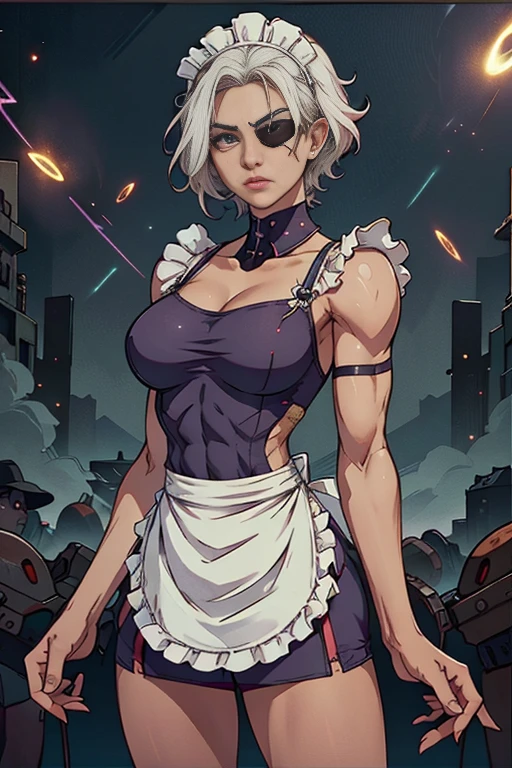 Maid clothesを着た美しいサイボーグの女性兵士、Short white hair、Muscular、Six Pack Abs、(Maid clothes:1.8)、(White ruffled apron:1.4)、Face with scars、Eye patch、The left hand is a laser gun、(Space gangsters and gunfights:1.4)、Smirking expression