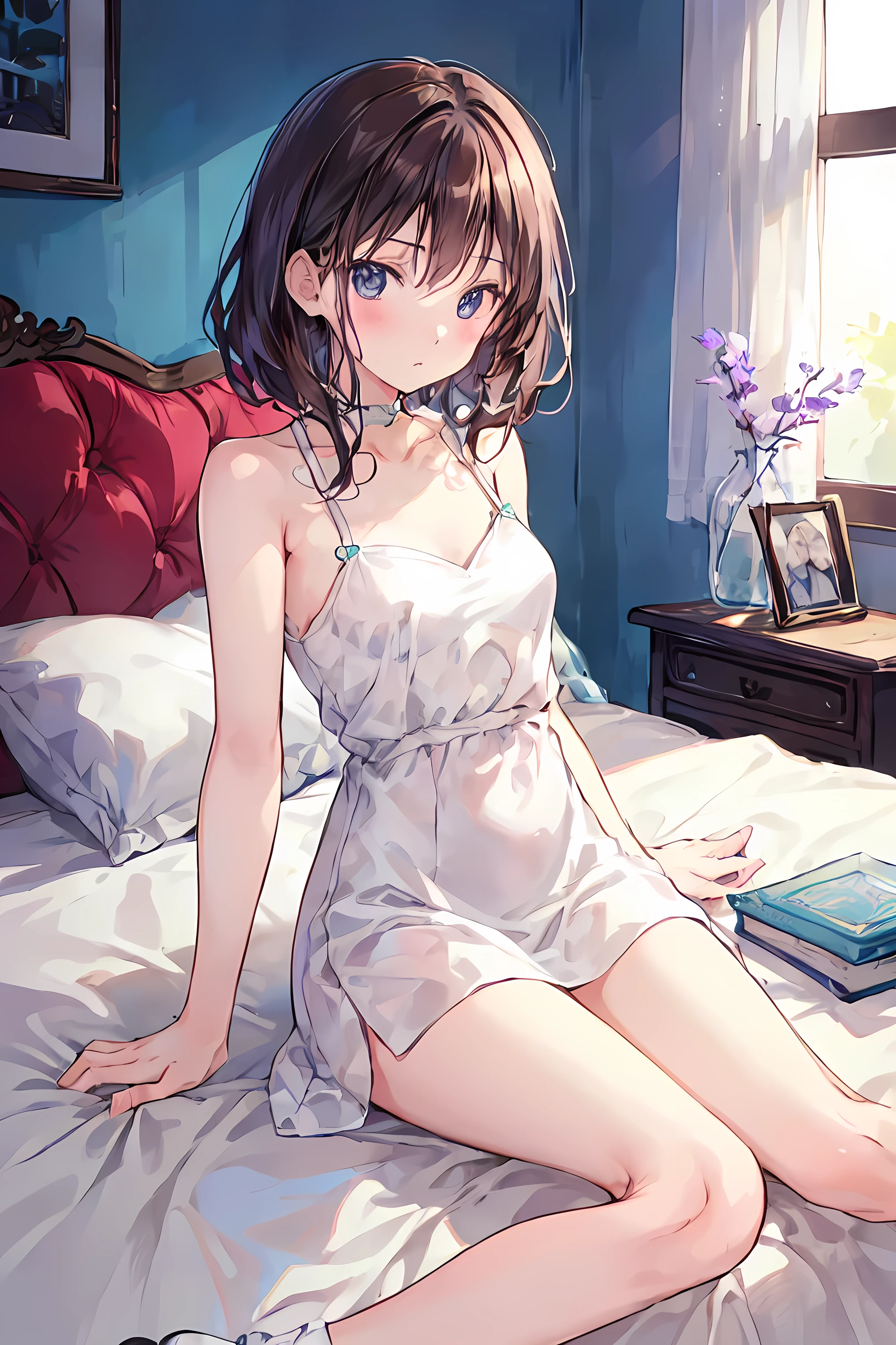 (masterpiece, best quality:1.3), 1 girl, solo, teenager,(top quality eyes:1.3),18 year old girl、Camisole、bed、Sitting、My Room、Changing clothes、Not looking at the camera、Normal size breasts