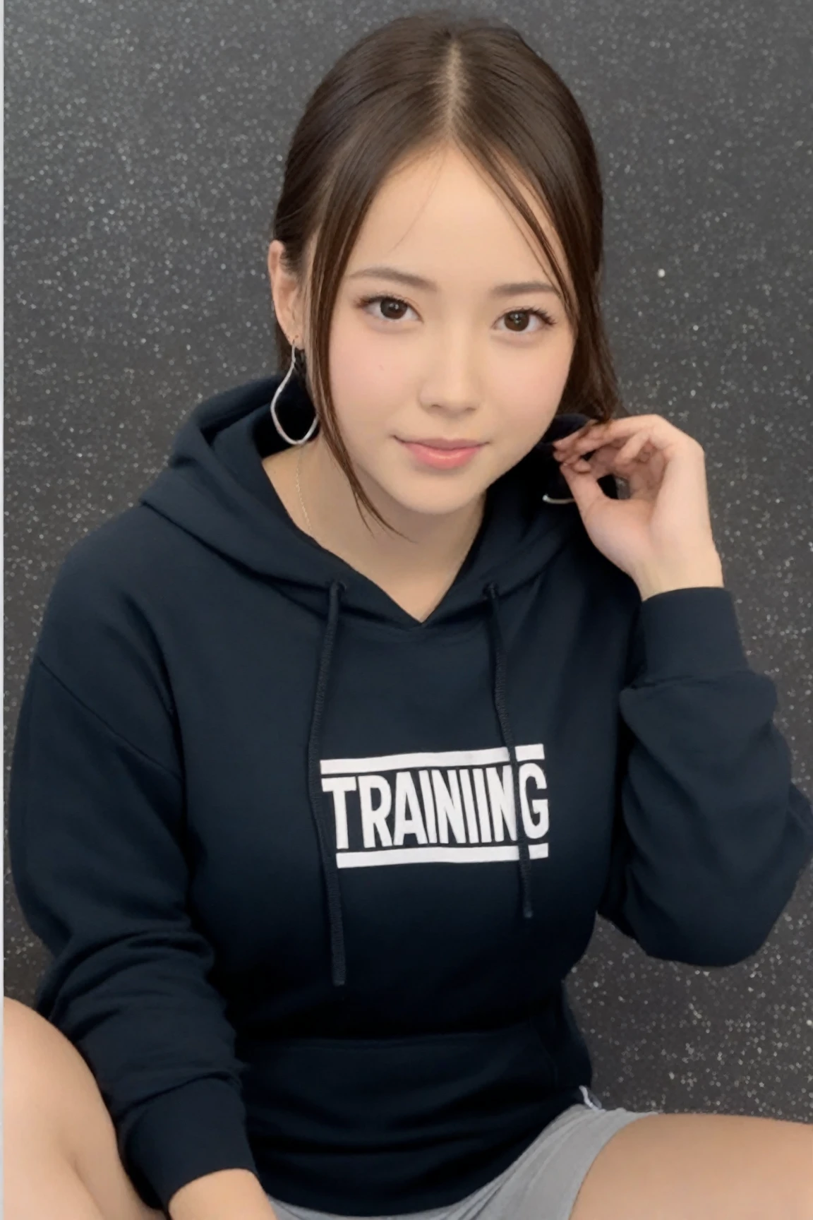 18 years old, Cute type, Young face, Big round eyes, Troubled face, Japanese Girls ,  (smile:1.2),  Gym suit, (Blue long sleeve hoodie), Food , (nude), Thin thighs,Thin waist, Thin thighs, Thin legs, Long legs, Very short hair , Short Bob, slender body, (High color saturation:1.0),  (Very detailedな肌), (highest quality:1.0), (Ultra-high resolution:1.0) ,(Realistic:1.0), (Very detailed:1.0), (8k, RAW Photos:1.1), ((locker room:1.3)),inverted nipples,