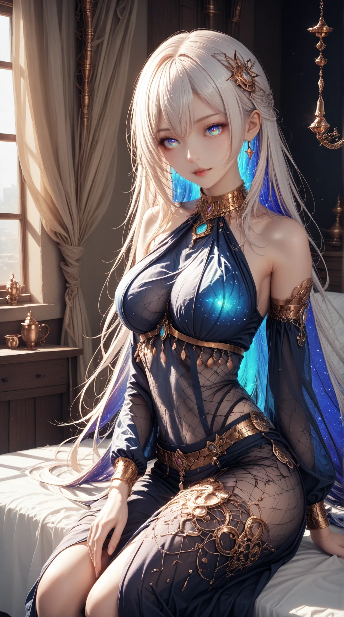(best quality, high resolution, masterpiece:1.2), Super detailed, Beautiful and delicate lake green eyes, Beautiful and delicate lips, extremely detailed face, super long hair, 1 girl, royal members, Beautiful girl with golden beige hair, (Wearing a royal blue royal costume), see-through chiffon platinum shawl, (gold ornaments), golden and silver pattern, (light blue pattern), (complex pattern:0.5), Lovely, attractive, portrait, delicate eyes, Luminous earrings, Reflective pupil, royal clothing design, see-through detail clothing design, (empty:0.7), chiffon, (see-through chiffon), (lace:0.7), black gloves, Diamond choker, Diamond ring, Diamond hairpin, medieval european castle, Super high quality skin, Real skin texture, super high detail, anime, Realism, 8K, UHD, ccurate