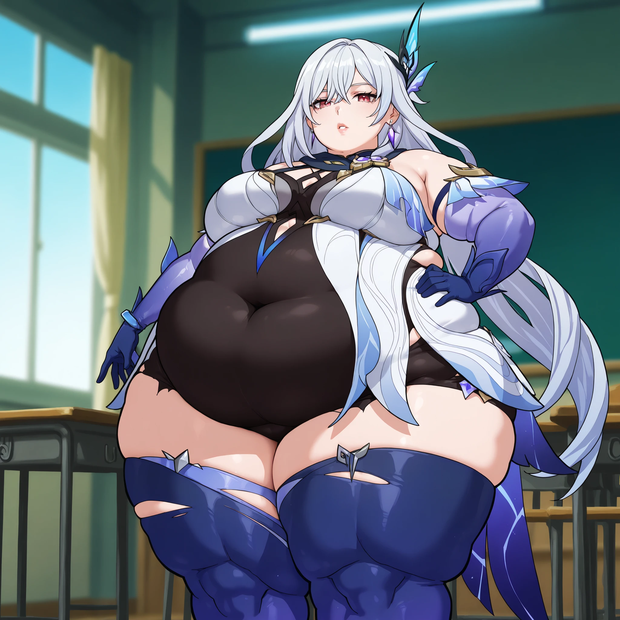 fat body, fat arms, masterpiece, best quality, 1girl, solo, fat belly, thick thighs, long hair, breasts, looking at viewer, bangs, gloves, bare shoulders, medium breasts, sitting, blue hair, purple eyes, flower, ahoge, pantyhose, detached sleeves, horns, black gloves, water, high heels, from side, black pantyhose, sideboob, obese ganyu (genshin impact), Fat Ganyu, happy, eating