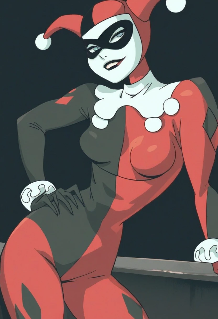 <lora:HQ1992:0.8> <lora:sunsetrider:0.7> (professional close up photo), upper body shot, masterpiece, detailed clothing texture, best quality, beautiful muscular:2 young woman, hq1992, bodysuit, red bodysuit, black bodysuit, domino mask, full body, gloves, jester cap, parody, lipstick, abs, 1girl, solo, ((clean lines)), thin lines, toned, perfect breasts, cameltoe:1.4, smiling:0.6, detailed face, detailed eyes, thin outline, (((room background))), athletic:1.4, legs apart, head in frame, handgun:1.4.