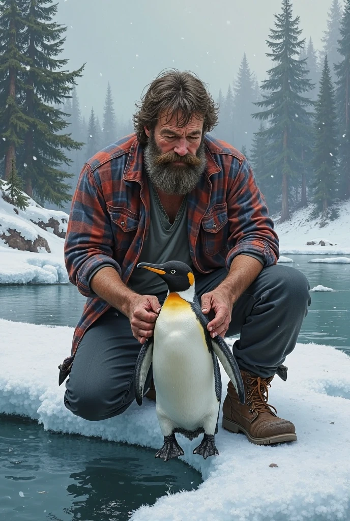 A man floating on ice sheet caught penguine and seal realistic photo with thunderstorm sky and red lightining