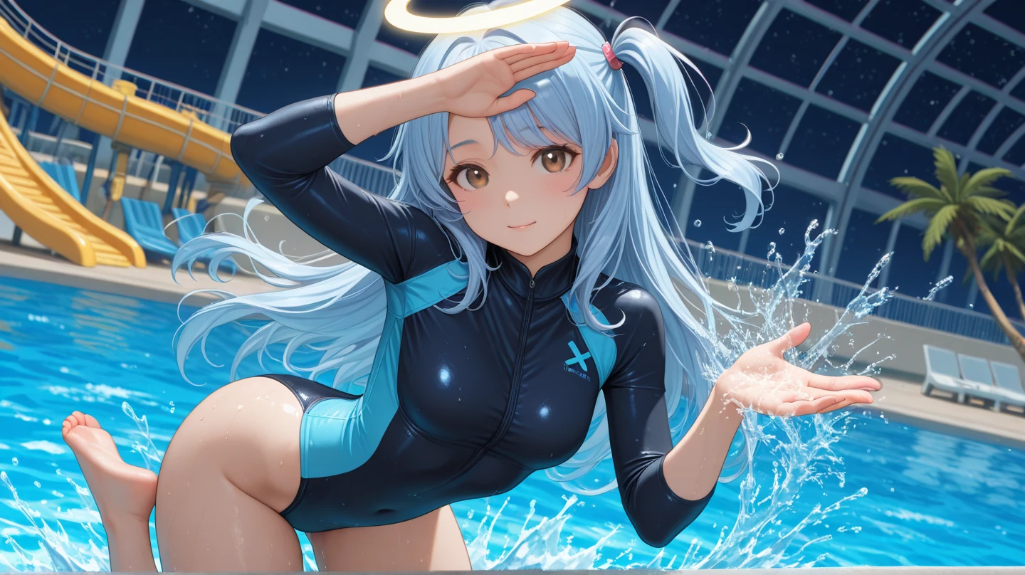 Best image quality, 8k, high quality, ((masterpiece)), (High detail), (((Perfect Anatomy, Perfect Style))), high school girl、, (Cute illustrations:1.2), looking at the camera、Shortcuts,Beautiful light, Professional Lighting, (One piece turtleneck competitive swimsuit), Dynamic pose, Smile, Dynamic Angle, ((Armpits:1.2)), barefoot, From below、 My whole body is wet、blue sky, Outdoor、Pool、