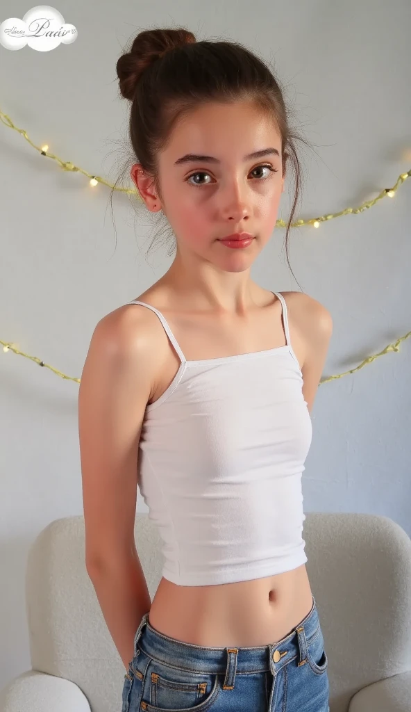 13 year old girl with medium length brown hair, children's pigtails hair, Caucasian facial structure, green eyes, a beautiful smile on her face and a deep look, she in a short tight pink dress, she in a apartment, body view
